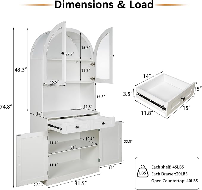 Merax 75" Tall Bookcase,Arched Pantry Cabinet with Adjustable Shelves | Farmhouse Bookshelf Coffee Bar with Charging Station Open Countertop for Office,Kitchen,Dining Room,Living Room,White