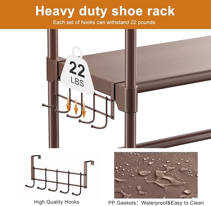 WOWLIVE 9 Tier 2-Column Shoe Rack, 30-35 Pairs Stackable Brown | Compact 33.75in long fits narrow spaces. Removable layers for boots/heels. Split design for flexible layout.