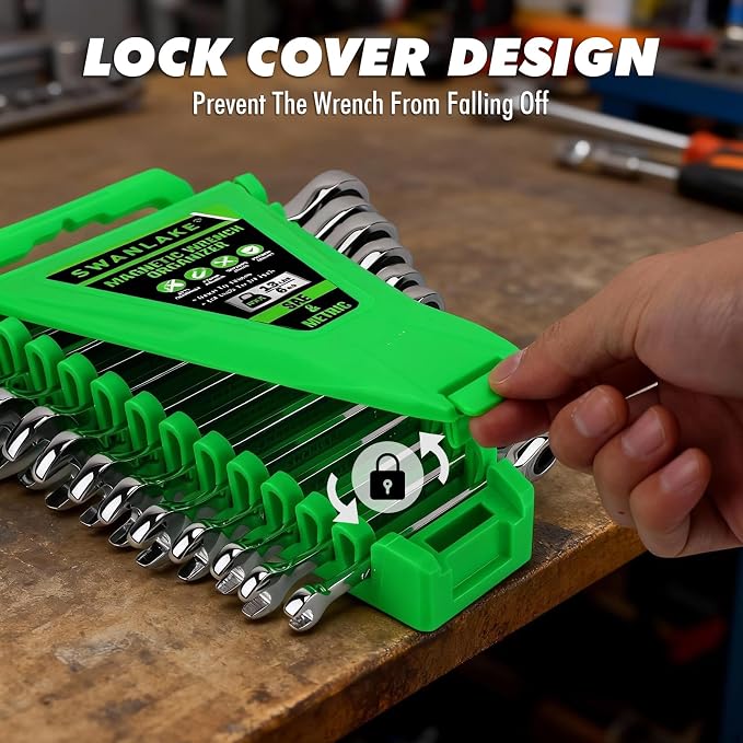 2-Piece Magnetic Wrench Organizer, Metric & SAE Portable Plastic Wrench Holder, 24-Slot Total, Foldable Carrying Handle for Wall-Mounted, Easy-Open Lock Cover, Wrenches Storage Rack Tool for Tool Box