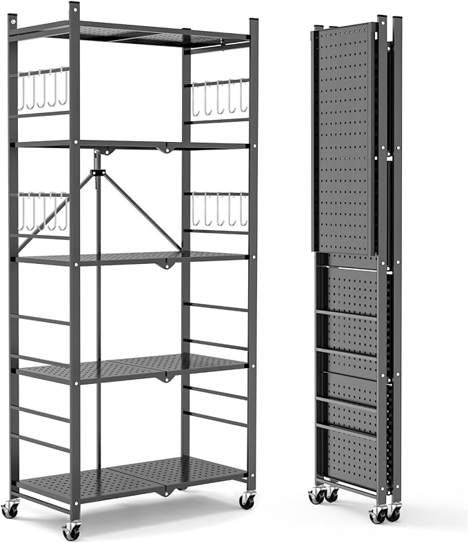 Himix 5-Tier Foldable Storage Shelves with 20 Hooks Wheels Grey Display | Folding shelving units, Metal collapsible organization, Wire shelf, No assembly, Bookshelf, Kitchen, Home rack, Holds 440 Ibs