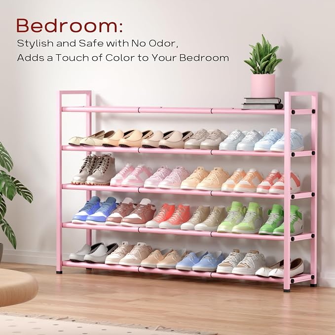 Bumusty 5 Tier Long Expandable Shoe Rack for Closet, Pink | 18"-44" Adjustable Shoe Rack for Entryway, Shoe Organizer for Dorm, Front Door, Sturdy Metal