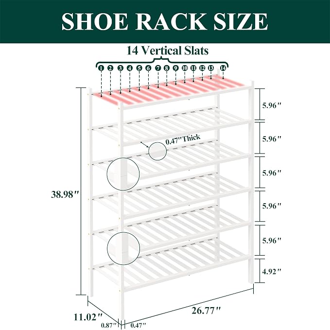 Smiry Bamboo Shoe Rack, 12 Vertical Slats, 6 Tier - 26.8" Wide, White | Stackable Free Standing Wooden Shoe Organizer, Wood Shoe Storage Shelf for Closet, Entryway