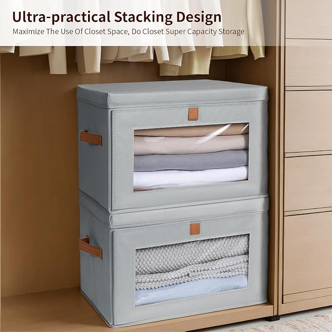 Homsorout Large Closet Storage Organizer - Clothes Storage Bins with Handles & Window, Collapsible Decorative Boxes with Lids, Fabric Containers for Living Room, Dorm, 2 Pack, Grey