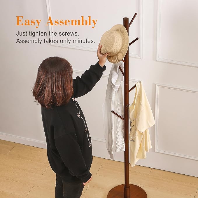 VECELO Coat Rack Freestanding, Entryway Hanger Stand, Umbrella Holder, Hall Tree With Hooks, Floor Standing Tree Stand,Walnut