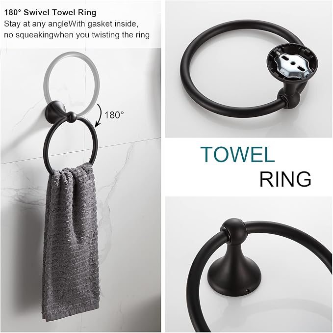 BGL Bathroom Accessory Set, Matte Black Adjustable Expandable Towel Bar 4-Piece Bathroom Hardware Set Wall Mounted Robe Hook Toilet Paper Holder Towel Ring Towel Bar