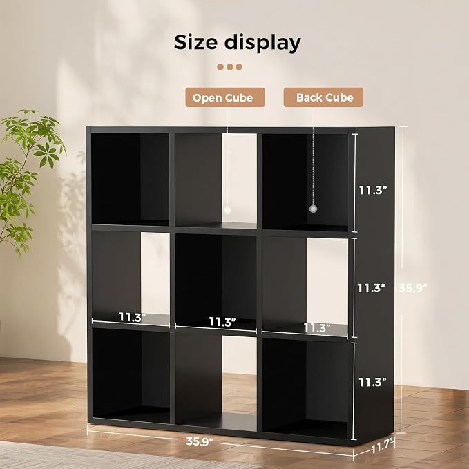 LUCKLIFE 9-Cube Storage Organizer, Stackable Modular Bookcase Shelf with Vertical or Horizontal Use, Fits 11×11" Bins, Optional Back Panels, for Living Room, Office, Black