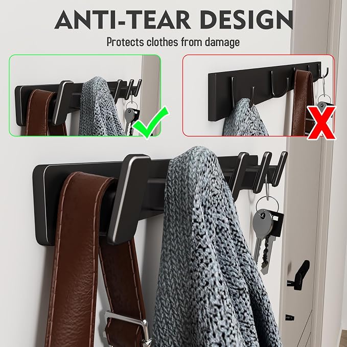 Black Wall Mount Coat Rack, 5 Wall Hooks For Hanging Key Holder Hat Hooks | Heavy Duty Door Hooks Coat Hooks Rack Wall Mounted for Entrance Robes, Bags, Keys, and Towels Bathroom Towel Hanger, 2 Pcs
