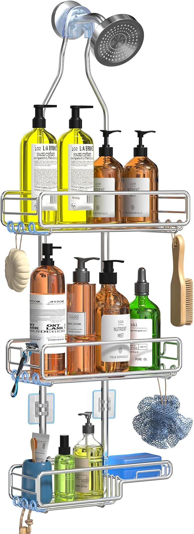 Skyapex Shower Caddy Hanging Bathroom Organizer: Over Head Adjustable Rack for Tall Showerhead - Extra Large Storage Shelf for Big Shampoo Bottles with Soap Holder