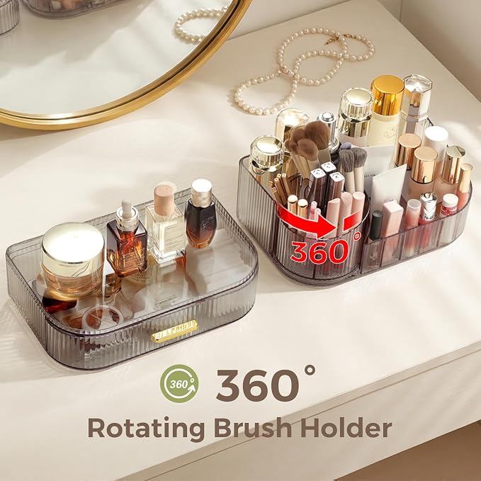 Delamu Rotating Makeup Organizer countertop, Brush Holder for Vanity, Black | Stackable Drawer Makeup Storage for Skincare, Lipstick, Brushes & Perfume, Fits Dresser & Bathroom Countertop, Gift for Women