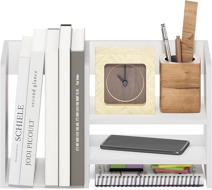 Furinno HERMITE Desk Organizers, Office Organization with Accessories and Vertical File Holder, 3-Shelf Desktop Book Shelf, for Office Supplies, Desk Accessories, for Study Room, Dorm, White