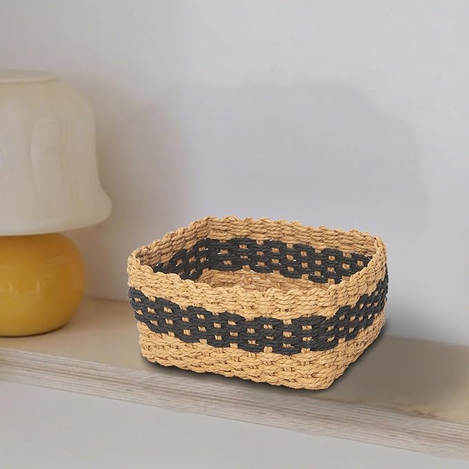 Small baskets for Organizing,Cute woven Storage basket with recycled paper rope for Shelves Bathroom,Little decorative basket,Set of 3 (Desert&Black)
