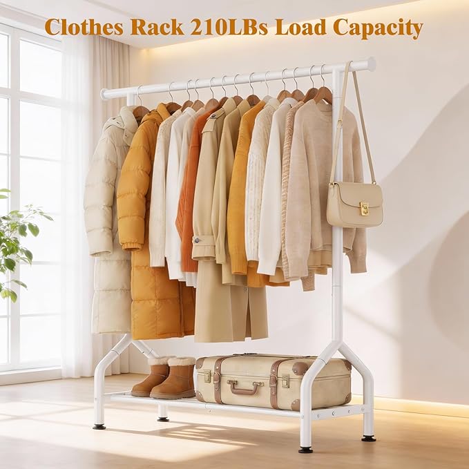 EAGMAK Sturdy Clothing Racks with Shelf, Metal Clothes Rack with Leveling Feet for Hanging Clothes, Freestanding Garment Coat Rack for Bedroom, Apartment & Small Spaces, White