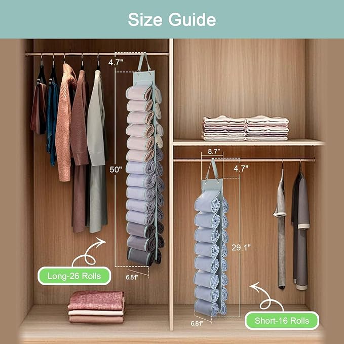 DHSFKBE Legging Organizer Storage - 2PCS T Shirt Organizer, Hanging Closet Organizers and Storage with 16 Roll Independent Compartments for Yoga Pants, Towel, Bathing Suit (Grey)