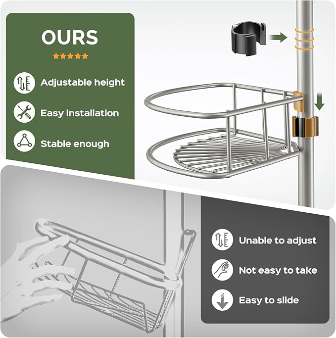 HAMITOR Corner Shower Caddy Tension Pole: 4-Tier Rust-Resistant Adjustable Bathroom Organizer Shelves - 47.72-123.6 Inch No-Drill Quick Install - Space-Saving Storage for Renters Family - Silver Gray