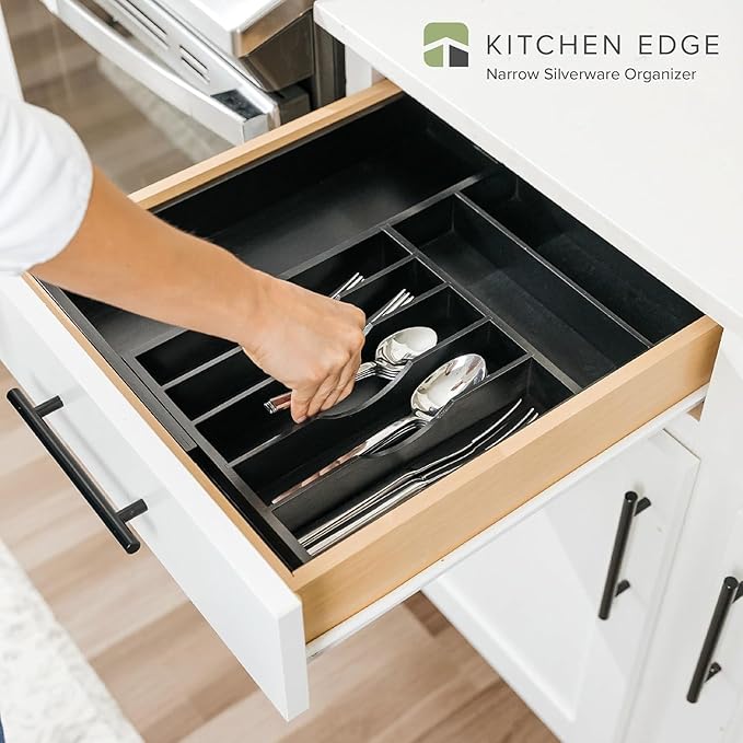 KitchenEdge Silverware & Utensil Drawer Organizer, 10.5-19 in, Black Bamboo | Cutlery, flatware, food-safe contract grade, kitchen drawer fit