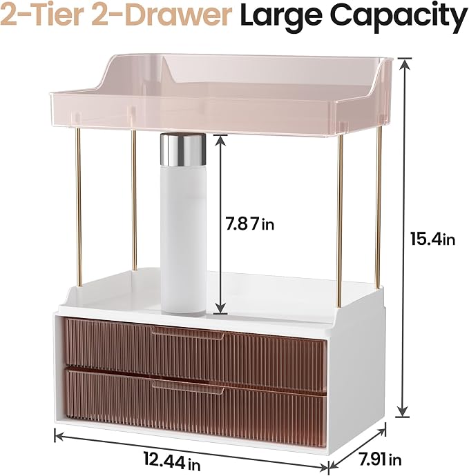 Delamu 4-Tier Makeup Organizer, Bathroom Counter, 2 Drawers, Grapefruit | Elegant Vanity Organizer Gift for Women, Holds Perfume, Skincare, Nail Polish & Hair Accessories for Bathroom Countertop