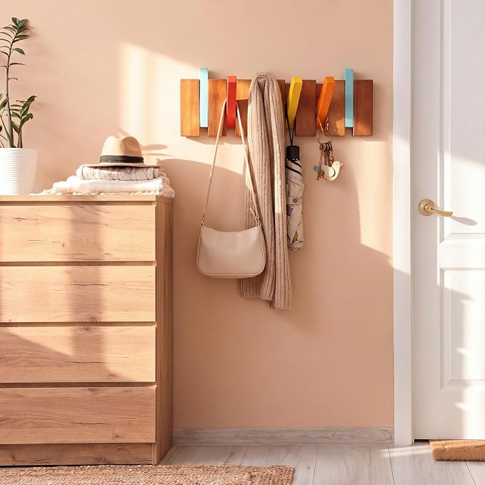 Youyole 6 Hook Wood Coat Rack Wall Mount Mid Century Modern Wooden Coat Hooks Colorful Heavy Duty Flip Down Piano Hat Rack for Hanging Coats Keys Hats Robe Towels Home