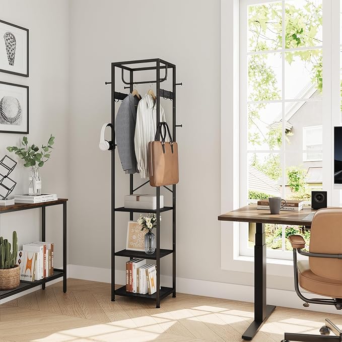 ELYKEN Coat Rack Freestanding, Hall Tree with 3 Shelves and 12 Hooks, Black | Industrial Metal Frame, Space-Saving Design, Clothes Rack Stand Organizer for Bedroom, Hallway, Entryway, Office, Living Room