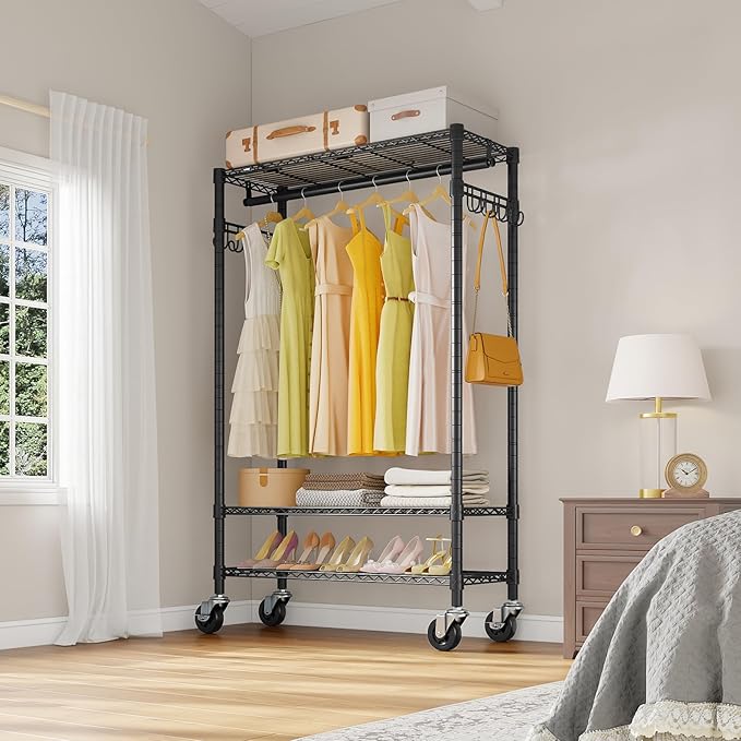 VIPEK R3 Rolling Clothes Rack Heavy Duty Portable Closet for Hanging Cloth | Lockable Silent Wheels, Adjustable Wire Shelving, Metal Side Hooks, Load 374lbs, Space-Saving Storage for laundry, Black