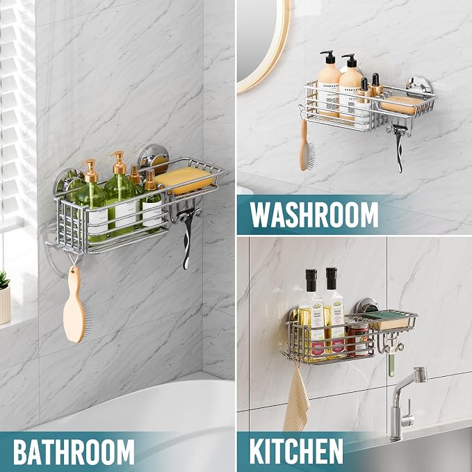 TAILI Shower Caddy Suction Cup with Hooks & Soap Holder, Heavy Duty Bathroom Shower Organizers, Removable Bathroom Shelves for Inside,Stainless Steel Bathroom Holder