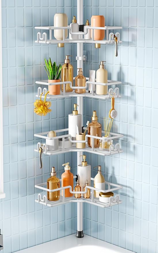 HAMITOR Corner Shower Organizer, 4-Tier Tension Pole Caddy with Hook, White | Rustproof Large Capacity Bathroom Essentials, No Drilling. Heavy Duty, Adjustable For Family, Apartment, Dorm 47.72-123.6in