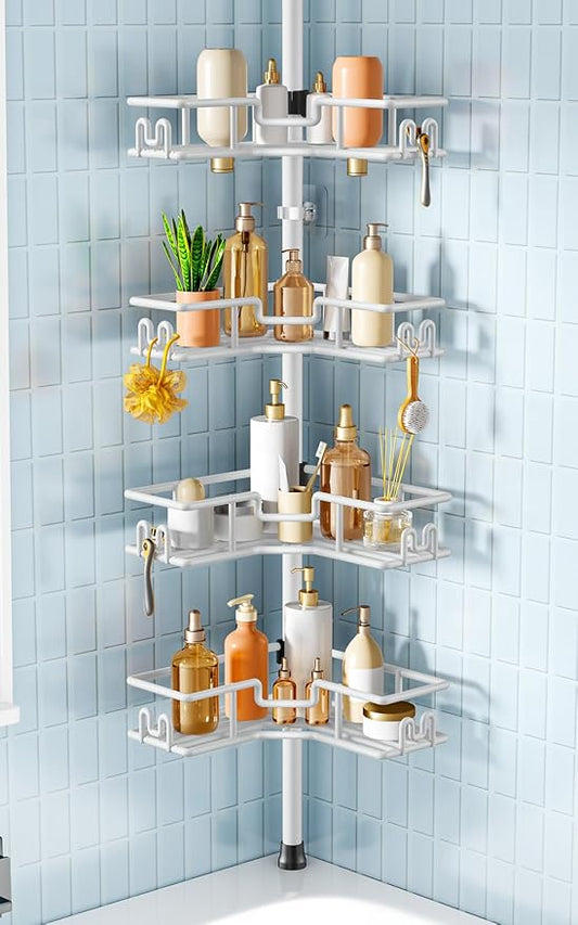HAMITOR Corner Shower Organizer, 4-Tier Tension Pole Caddy with Hook, White | Rustproof Large Capacity Bathroom Essentials, No Drilling. Heavy Duty, Adjustable For Family, Apartment, Dorm 47.72-123.6in