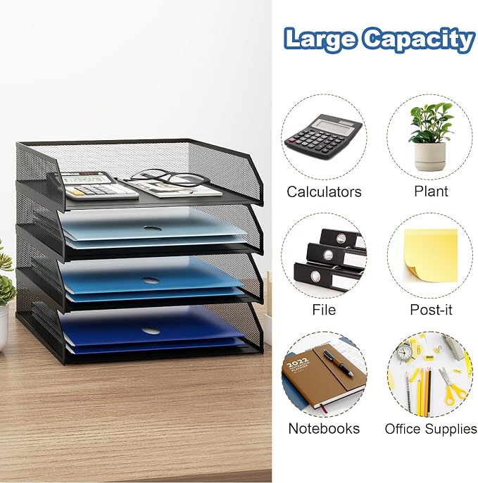 Natwind 4-Tier Stackable Metal Mesh Paper Organizer with Sliding Tray,Black | Desk Organizer for Office Supplies, Letter Tray For Desktop,File Holder For Home School Classroom Organization