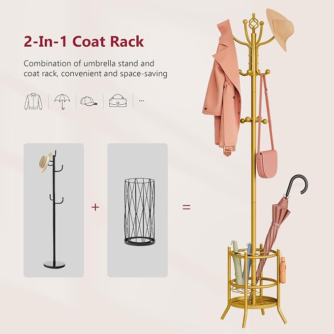 Tajsoon Coat Rack with Umbrella Holder, Coat Tree With 16 Hooks, Gold | 2-In-1 Design, Coat Rack Freestanding, Durable & Stable, Space-Saving, For Living Room, Bedroom, Office