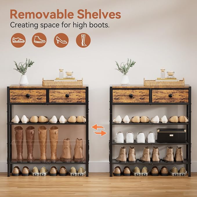 4 Tier Shoe Rack with 2 Drawers, 12-16 Pairs Rustic Brown | Holds 12-16 pairs. 2 drawers for socks/keys. Removable layer for boots. Anti-tip kit. Quick assembly.