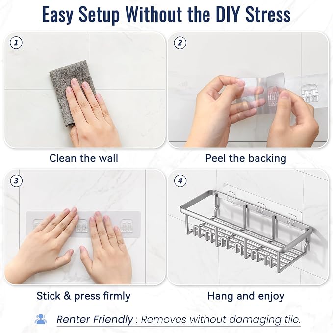 8 Pack Adhesive Rustproof Shower Caddy with Soap Dishes, Toothbrush Holder & Hooks, Large Capacity No-Drilling Shower Shelves Rack for Bathroom Organizers and Storage Accessories, Silver
