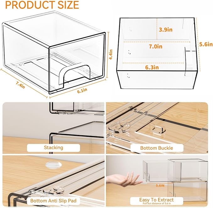 8 Pack Small Stackable Storage Bins,Clear Acrylic Drawer Boxes,Medicine Cabinet Organizer,Plastic Containers for Organizing Vanity,Undersink,Pantry,Bathroom Makeup Organizer,Home Organization