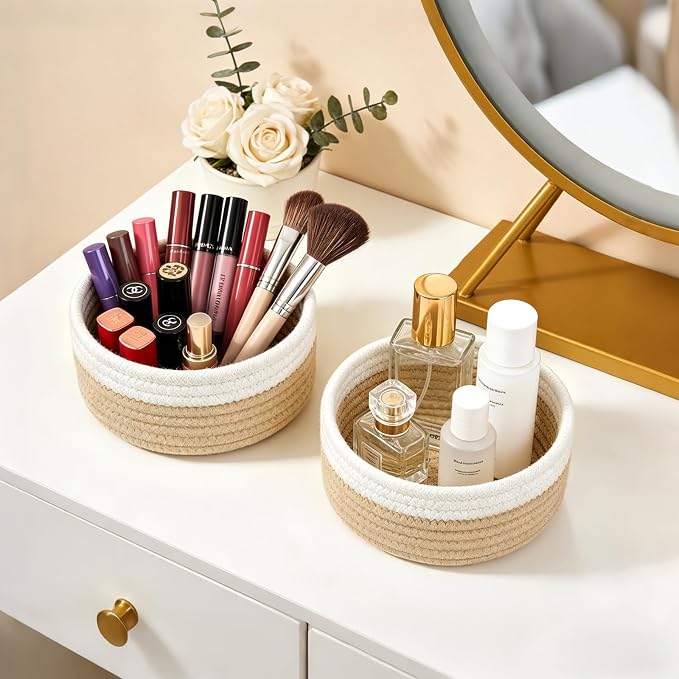 Dahey 4 Pcs Small Woven Storage Gift Baskets, 7.09"W x 3.15"H White & Beige | Soft Odor-Free Cotton Rope, Open-Top, Tiny Round Basket, Multi-Use Organizing, Holds Cosmetics Keys for Bathroom Home Shelves
