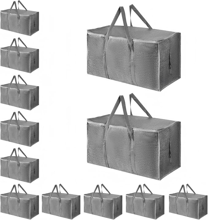 12 Pack-Extra Large Heavy Duty Moving Bags - Waterproof Storage Totes with Handles & Zippers, Foldable for College Dorm, Storage (Gray)