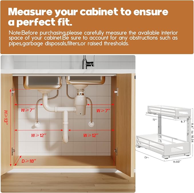 2-Pack 17"Deep Under Sink Organizer And Storage, 2-Tier L-Shaped Pull Out Cabinet Organizer with Upgraded Slide Rails, Height Adjustable Drawers for Kitchen&Bathroom, Extra-Large Storage Shelves–White