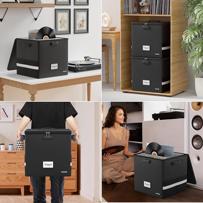 DocSafe Vinyl Record Storage Box with Lock,Fireproof＆Water Resistant Record Organizer Storage for 100+ Single Records(12-inch),Collapsible Storage Crate with Lid&Handles for Valuable Album Collection