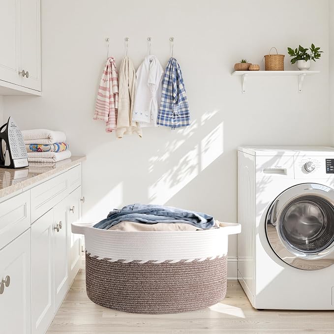 OIAHOMY 105L Extra Large Blanket Basket - Decorative Cotton Rope Storage Basket for Bedroom, Living Room & Nursery - Woven Laundry Hamper for Organizing Blankets, Clothes & Toys - Brown & White