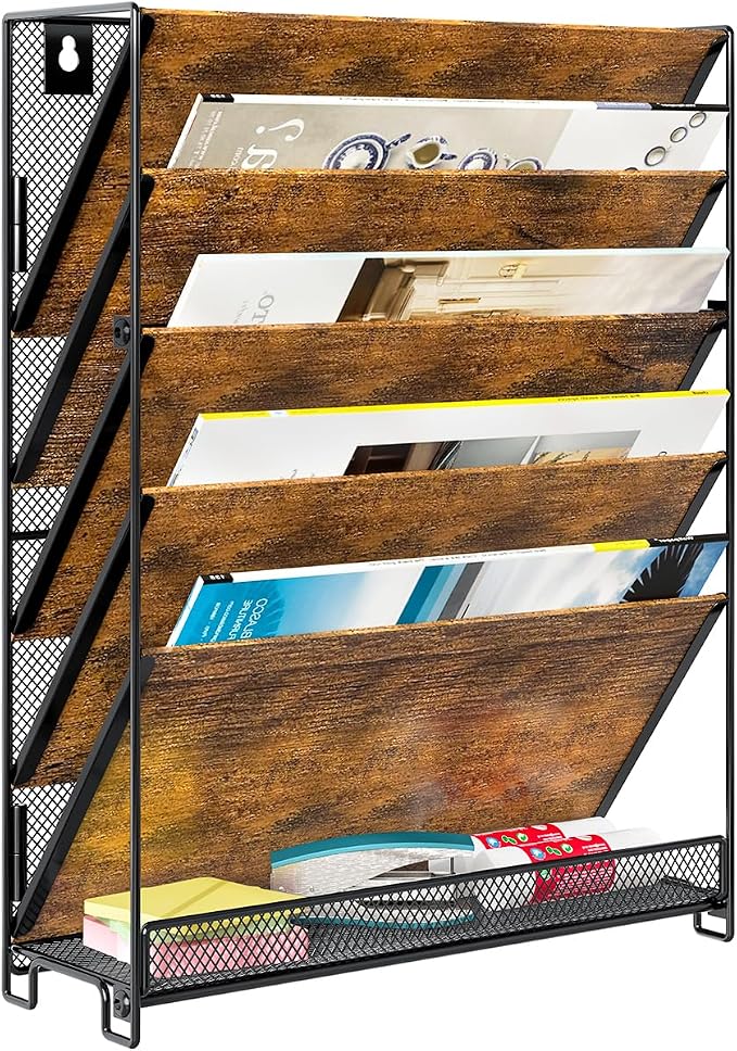 Wall File Organizer for Office, 6-Tier Rustic Hanging File holder Wall Storage Rack for Documents/Magazine/Literature/File Folders/Mails/Envelopes, Brown