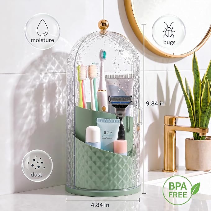 Toothbrush Holder with Cover for Bathroom Countertop, Organizer, Green | Rotating 3 Slot Holder for Electric Toothbrushes, Toothpaste, Self Draining Vanity Organizer, Makeup Brush Storage