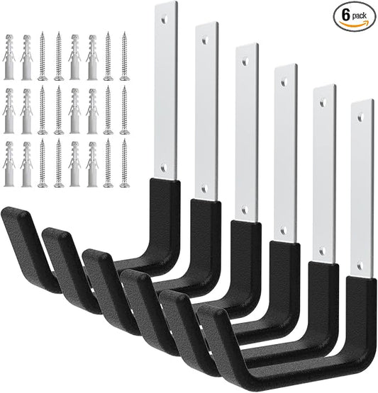Heavy Duty Utility Hooks - Wall Mount, Hooks for Garage, Hose, Bike, Ladder, Leaf Blower Hanger (6 Medium)