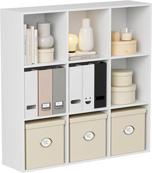 VDNEND Wooden Storage Organizer with Closed Back Panel, 11in Cube Shelf Opening, Bookshelf, Display Shelf,Closet Cabinet for Home and Office (Embossed White, 9-Cube 35.98L*9.45W*35.91H)