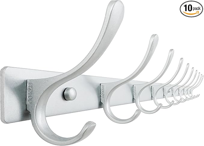 SKOLOO Coat Rack Wall Mounted - 10 Hooks, Heavy Duty, Stainless Steel, Metal Wall Hanger, Sturdy Coat Hooks for Hanging Coats, Jacket, Clothes, Hat, Cold Light Silver
