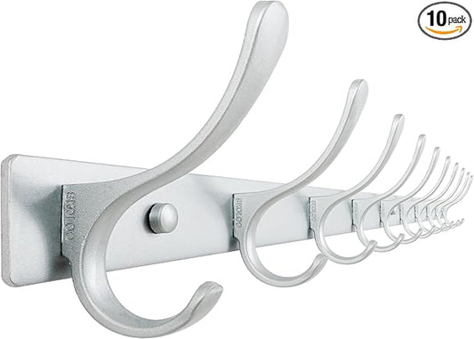 SKOLOO Coat Rack Wall Mounted - 10 Hooks, Heavy Duty, Stainless Steel, Metal Wall Hanger, Sturdy Coat Hooks for Hanging Coats, Jacket, Clothes, Hat, Cold Light Silver