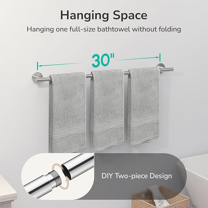 USHOWER Polished Chrome Bath Towel Bar, 30-Inch Towel Racks for Bathroom | Thicken SUS304 Stainless Steel Towel Rod, Towel Holder Wall-Mounted, Modern Home Decor (Total Length 32-Inch)