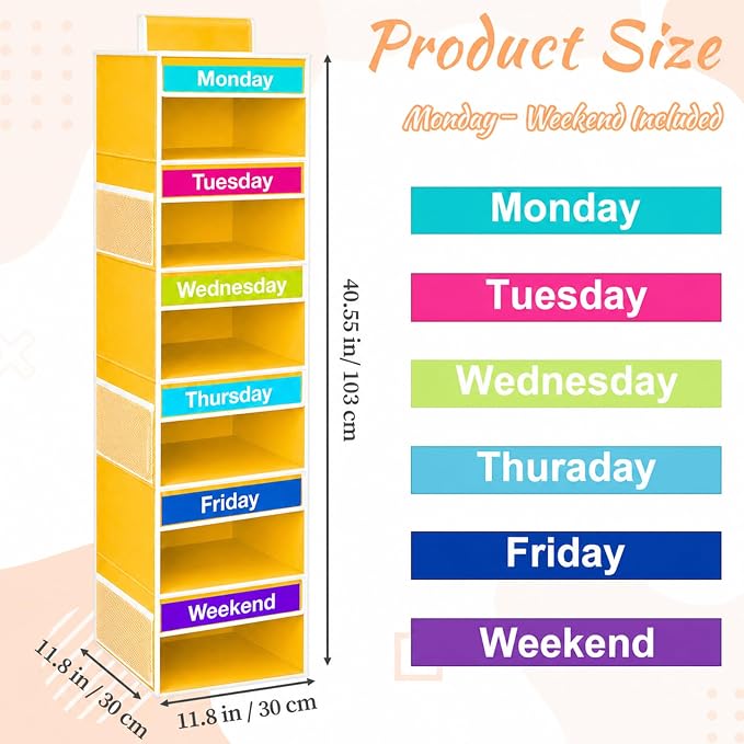 Weekly Clothes Organizer for Closet, 6-Shelf Hanging Closet Organizer with 6 Side Pockets(Yellow)