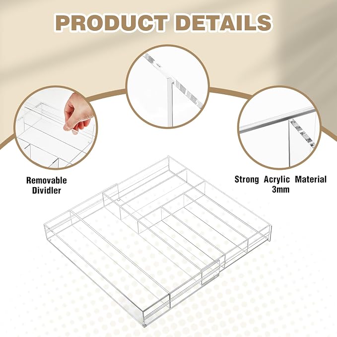 Briwooody Clear Acrylic Drawer Organizer Expandable,7 Compartments,Large | 9'' up to 18'' x 12'' x 2.1'' Desk Drawer Organizer Trays Adjustable with Desk Accessories for Makeup Office Bathroom