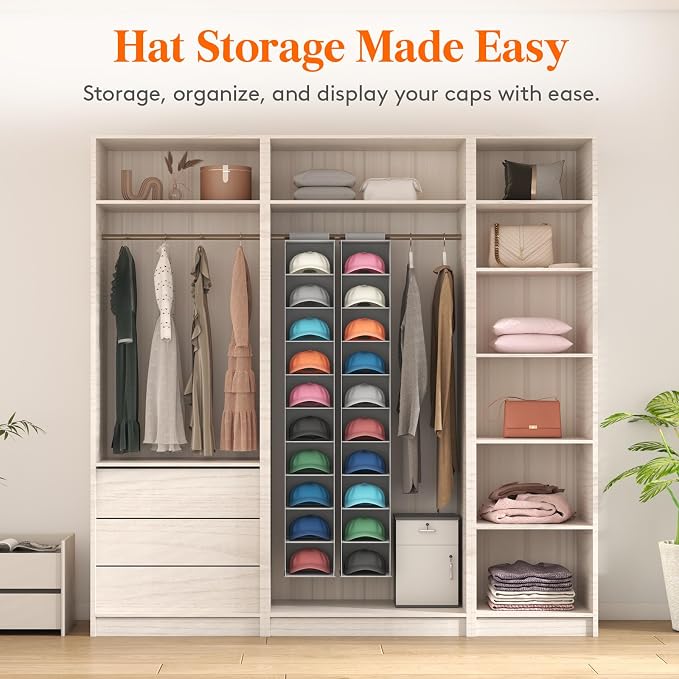 Lifewit 10 Section Hanging Hat Organizer for Baseball Caps, Gray, 2 Pack | Hat Rack Hanging Storage, Non-Woven Fabric Display Shelf Holds Up to 40 Hats, Cap Holder Hanger for Closet, Bedroom