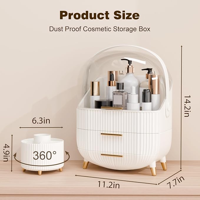 lurcns Makeup Organizers and Storage Make up Organizer for Vanity Cosmetics Skincare With Lid and Drawers Display Cases for Countertop Bathroom Women Teenager Girl Gifts(White+Brush Holder)