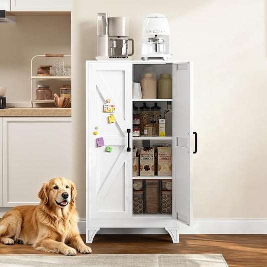 Yizosh Metal Storage Cabinet with 2 Doors and 3 Adjustable Shelves - 47" White Kitchen Pantry Storage Cabinet Locker for Kitchen,Living Room,Dining Room