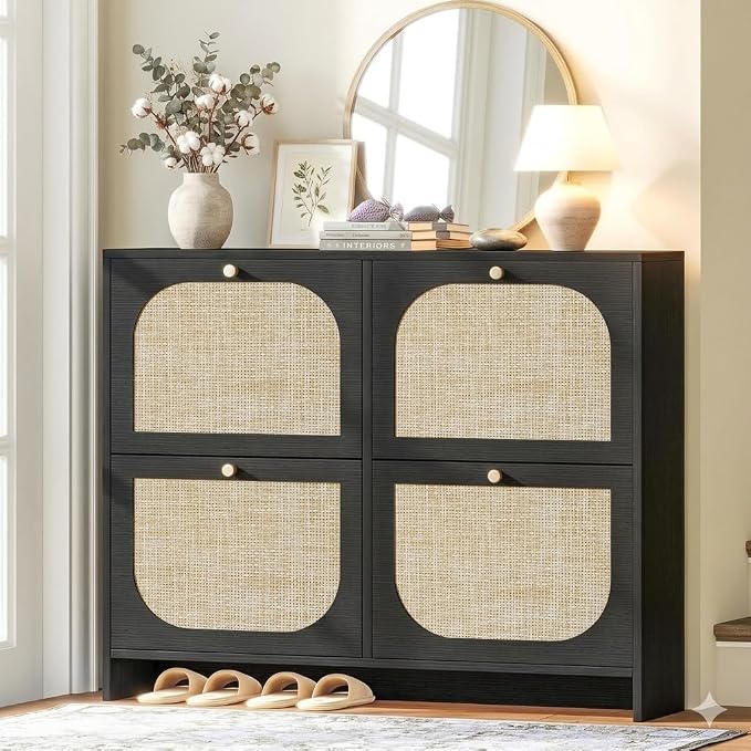 Nicetree Shoe Storage Cabinet for Entryway, Rattan Vintage Flip Shoe Rack- 4 Flip Drawers & 3-Tier Adjustable Shelves,Boho Shoe Organizer for 28-36 Pairs - Fits Size 12 Boots, 9.5" Ultra Slim