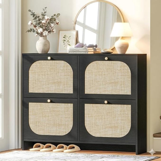 Nicetree Shoe Storage Cabinet for Entryway, Rattan Vintage Flip Shoe Rack- 4 Flip Drawers & 3-Tier Adjustable Shelves,Boho Shoe Organizer for 28-36 Pairs - Fits Size 12 Boots, 9.5" Ultra Slim